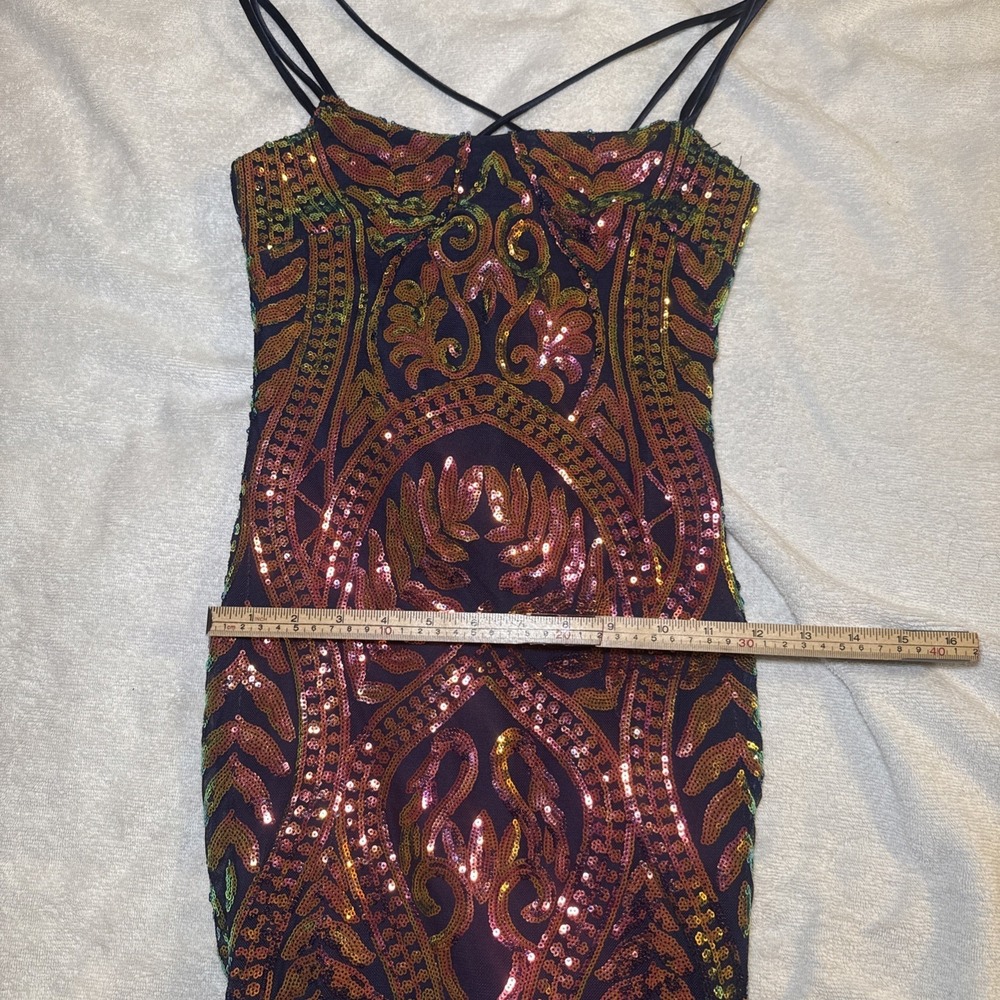 Blondie Nites Sequin Bodycon Mini Dress Jr Size 1 Gold Orange Navy Party - Picture 5 of 7